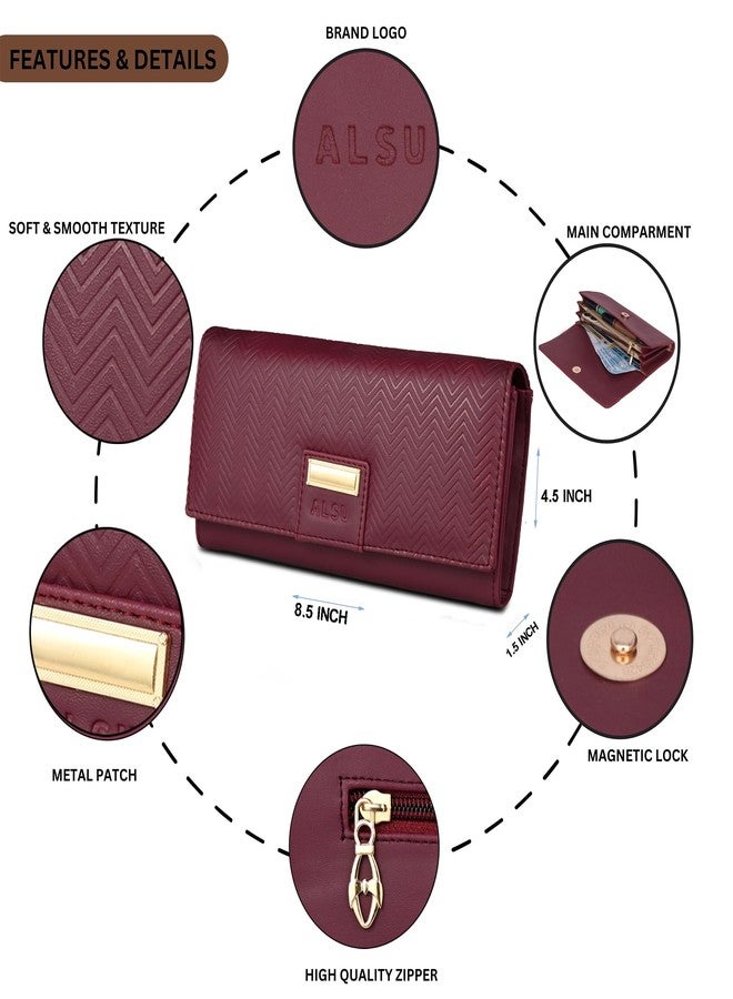 ALSU Women's Maroon Wallet Hand Purse Clutch Vegan Leather | Embossed Design | Phone Pocket | 4 Card Pocket (nur-002mar) - Image 4